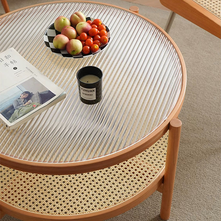 Elegant Cherry Wood and Glass Tea Table with Stylish Rattan Accents fyx-880