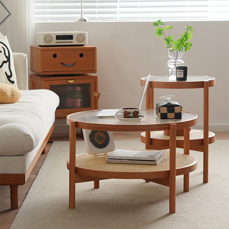 Elegant Cherry Wood and Glass Tea Table with Stylish Rattan Accents fyx-880