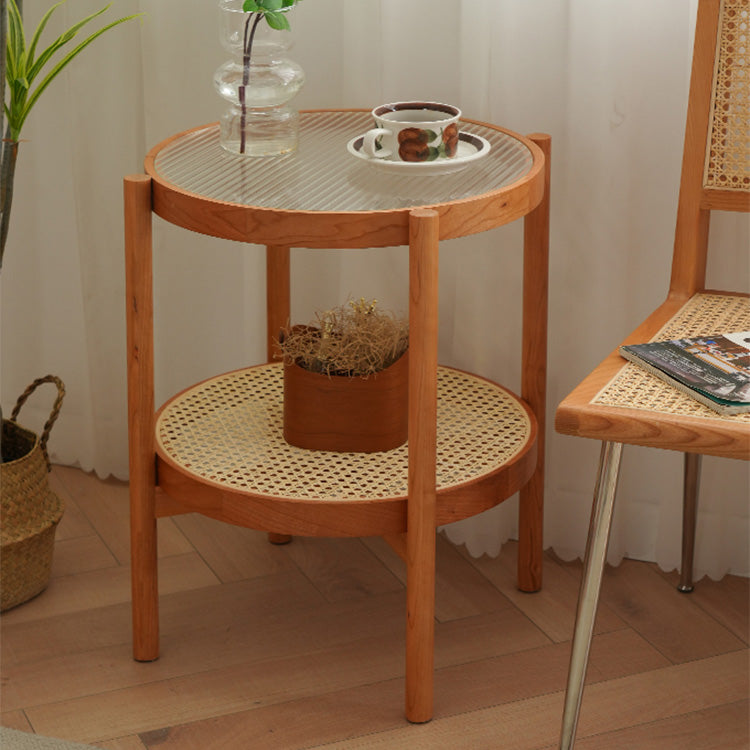 Elegant Cherry Wood and Glass Tea Table with Stylish Rattan Accents fyx-880