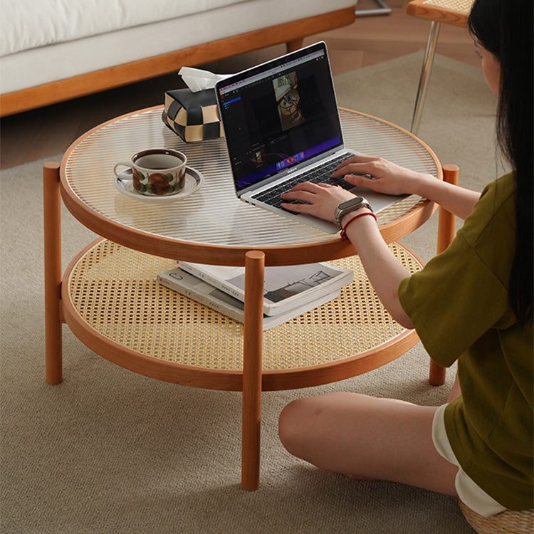 Elegant Cherry Wood and Glass Tea Table with Stylish Rattan Accents fyx-880