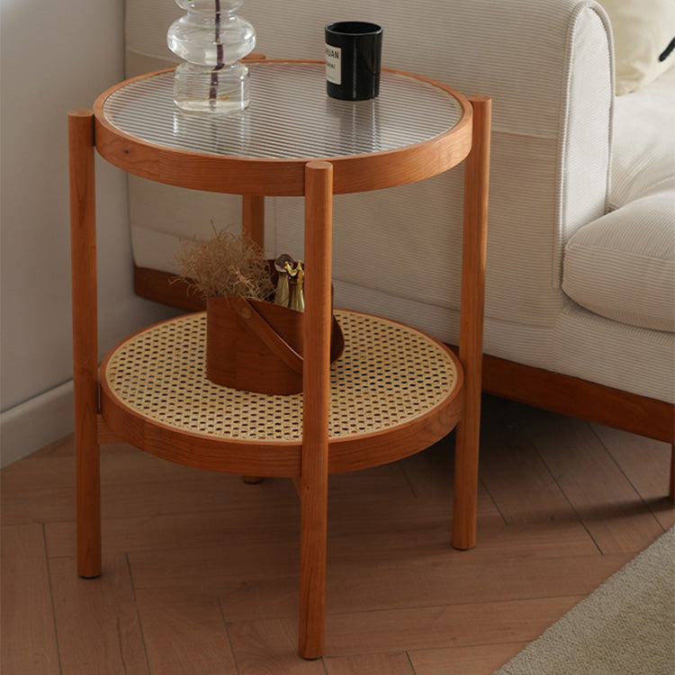 Elegant Cherry Wood and Glass Tea Table with Stylish Rattan Accents fyx-880