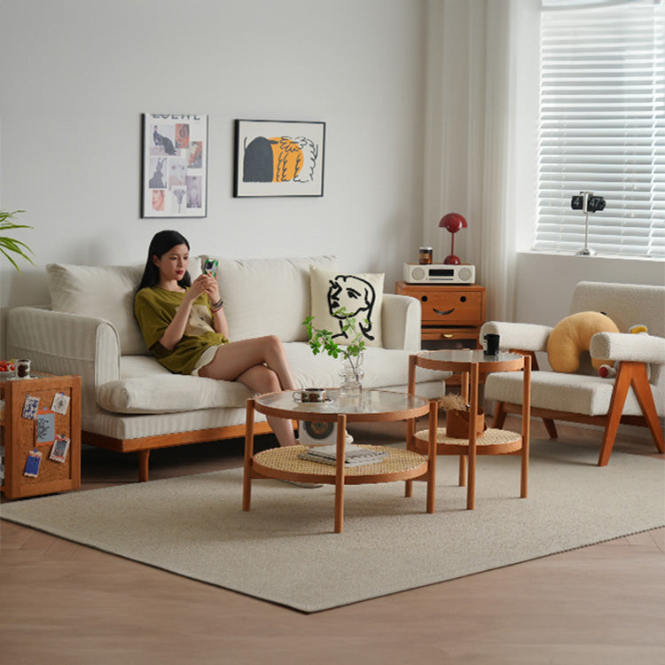 Elegant Cherry Wood and Glass Tea Table with Stylish Rattan Accents fyx-880