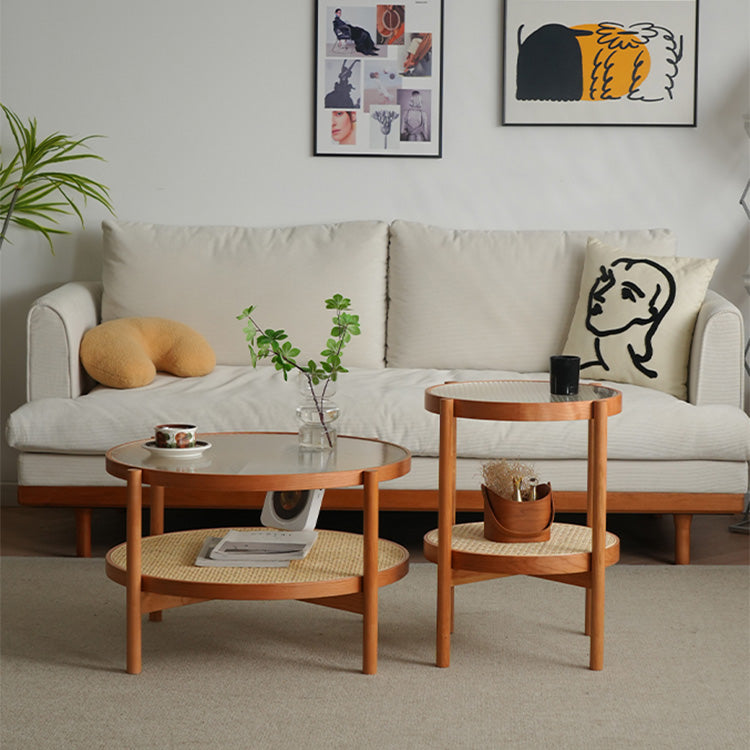 Elegant Cherry Wood and Glass Tea Table with Stylish Rattan Accents fyx-880