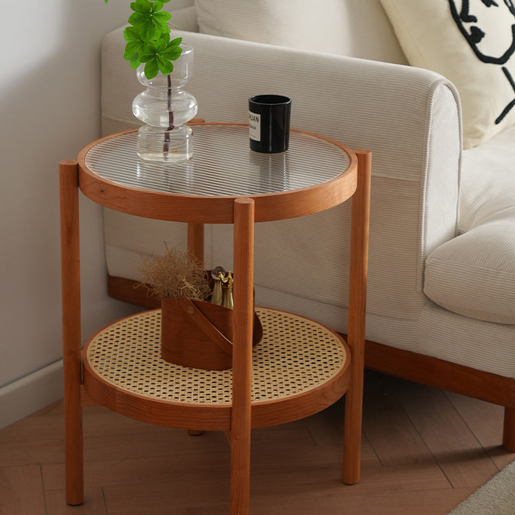 Elegant Cherry Wood and Glass Tea Table with Stylish Rattan Accents fyx-880