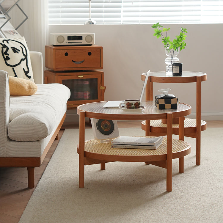 Elegant Cherry Wood and Glass Tea Table with Stylish Rattan Accents fyx-880