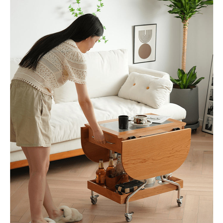 Elegant Cherry Wood Tea Table with Glass and Stainless Steel Accents fyx-882