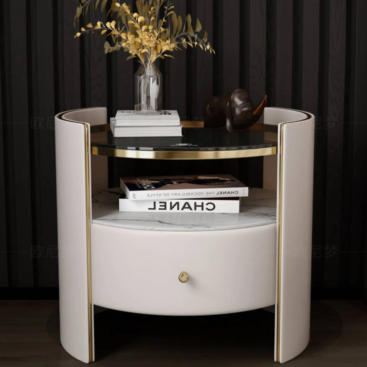 Luxury Nightstand with Tempered Glass, Marble, and Faux Leather Finish fzyhs-2733