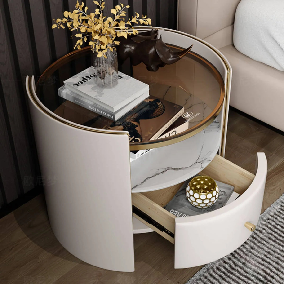 Luxury Nightstand with Tempered Glass, Marble, and Faux Leather Finish fzyhs-2733