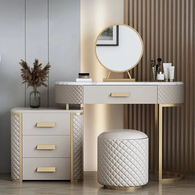 Luxurious Solid Wood Marble Makeup Vanity Set with Glass Mirror & Faux Leather Accents fzyhs-2738