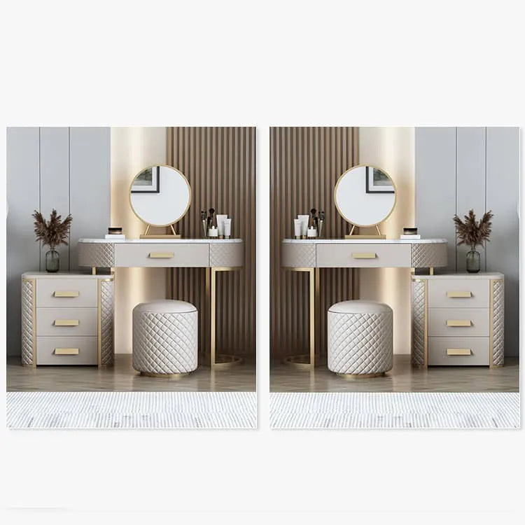 Luxurious Solid Wood Marble Makeup Vanity Set with Glass Mirror & Faux Leather Accents fzyhs-2738