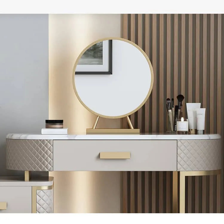 Luxurious Solid Wood Marble Makeup Vanity Set with Glass Mirror & Faux Leather Accents fzyhs-2738