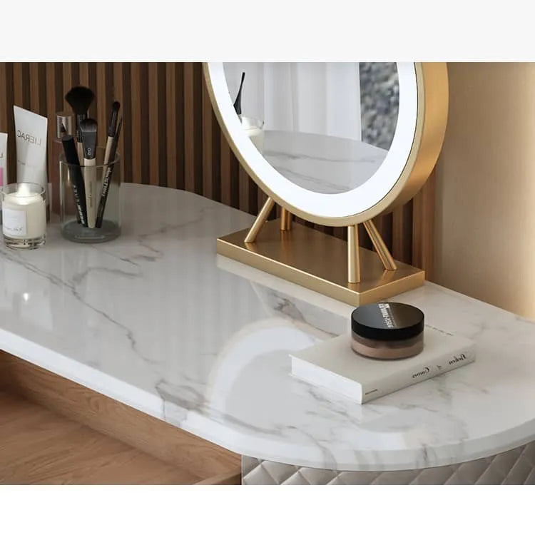 Luxurious Solid Wood Marble Makeup Vanity Set with Glass Mirror & Faux Leather Accents fzyhs-2738