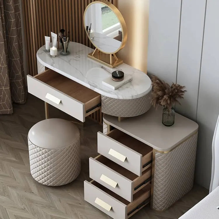 Luxurious Solid Wood Marble Makeup Vanity Set with Glass Mirror & Faux Leather Accents fzyhs-2738