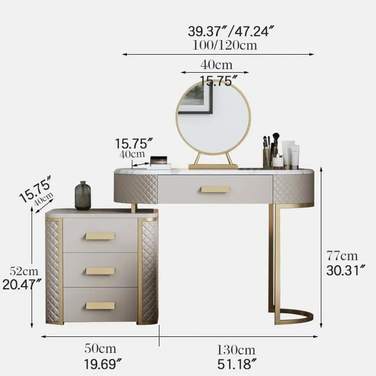 Luxurious Solid Wood Marble Makeup Vanity Set with Glass Mirror & Faux Leather Accents fzyhs-2738