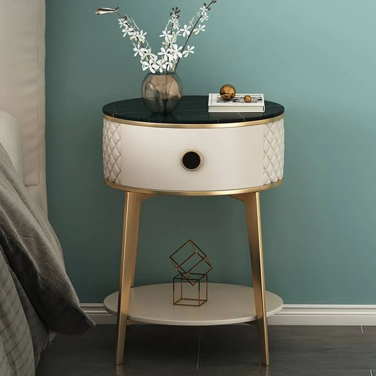 Elegant Nightstand with Solid Wood, Marble, and Faux Leather Finish - Chic Bedroom Accent! fzyhs-2740