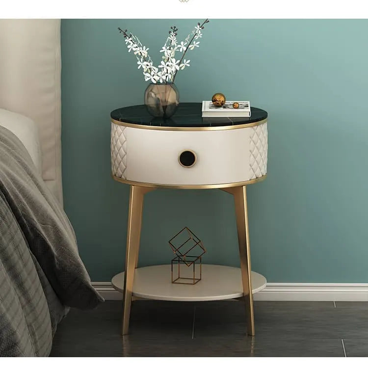 Elegant Nightstand with Solid Wood, Marble, and Faux Leather Finish - Chic Bedroom Accent! fzyhs-2740