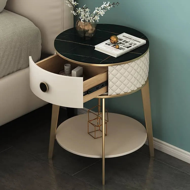 Elegant Nightstand with Solid Wood, Marble, and Faux Leather Finish - Chic Bedroom Accent! fzyhs-2740