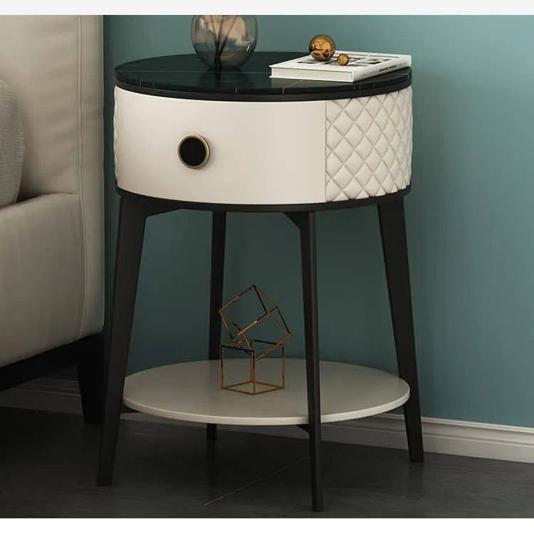 Elegant Nightstand with Solid Wood, Marble, and Faux Leather Finish - Chic Bedroom Accent! fzyhs-2740