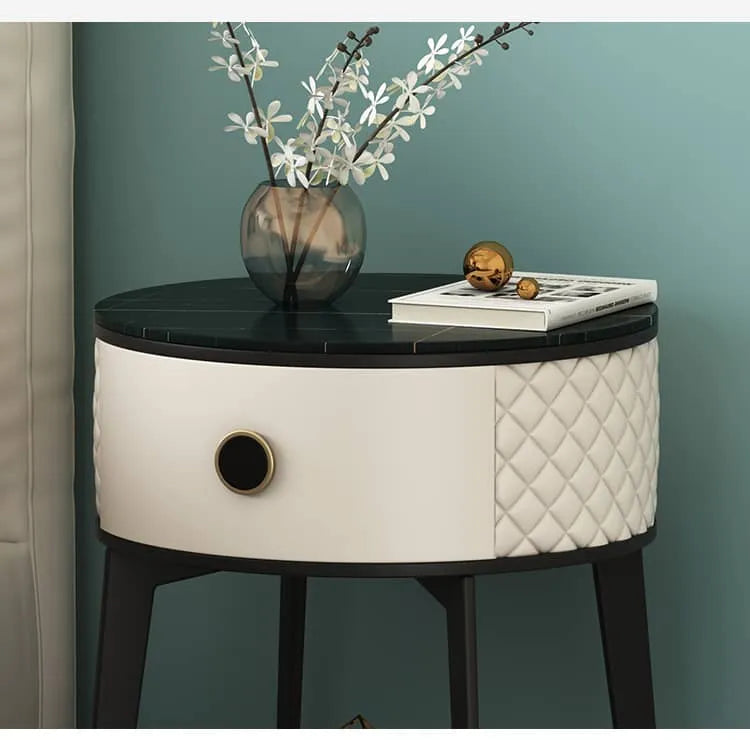 Elegant Nightstand with Solid Wood, Marble, and Faux Leather Finish - Chic Bedroom Accent! fzyhs-2740