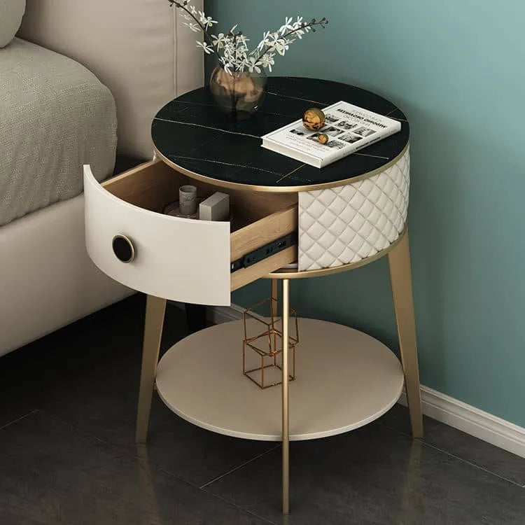 Elegant Nightstand with Solid Wood, Marble, and Faux Leather Finish - Chic Bedroom Accent! fzyhs-2740