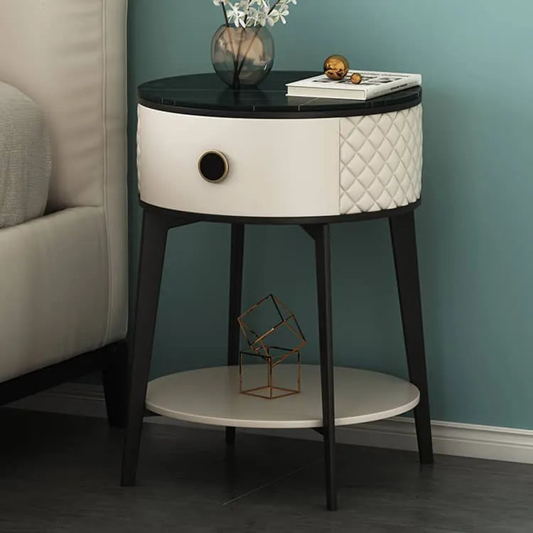 Elegant Nightstand with Solid Wood, Marble, and Faux Leather Finish - Chic Bedroom Accent! fzyhs-2740