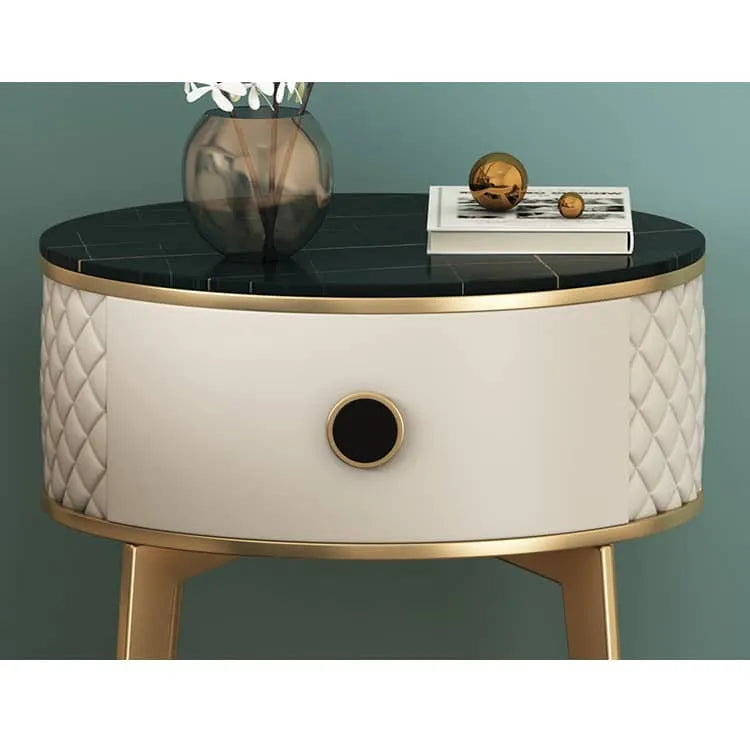 Elegant Nightstand with Solid Wood, Marble, and Faux Leather Finish - Chic Bedroom Accent! fzyhs-2740