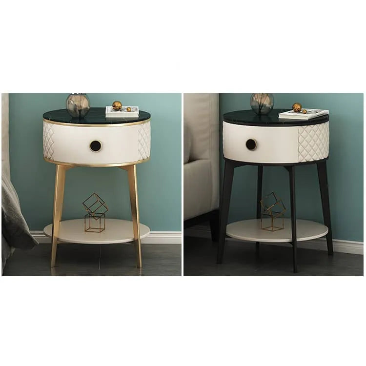 Elegant Nightstand with Solid Wood, Marble, and Faux Leather Finish - Chic Bedroom Accent! fzyhs-2740