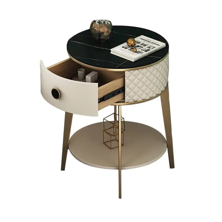 Elegant Nightstand with Solid Wood, Marble, and Faux Leather Finish - Chic Bedroom Accent! fzyhs-2740