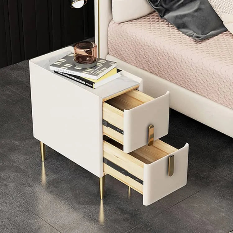 Luxury Marble Faux Leather Nightstand with Gold Accents - Modern Bedside Table fzyhs-2741