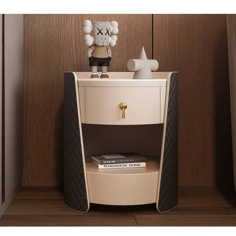 Luxurious Solid Wood Nightstand with Marble Top & Faux Leather Accents fzyhs-2743