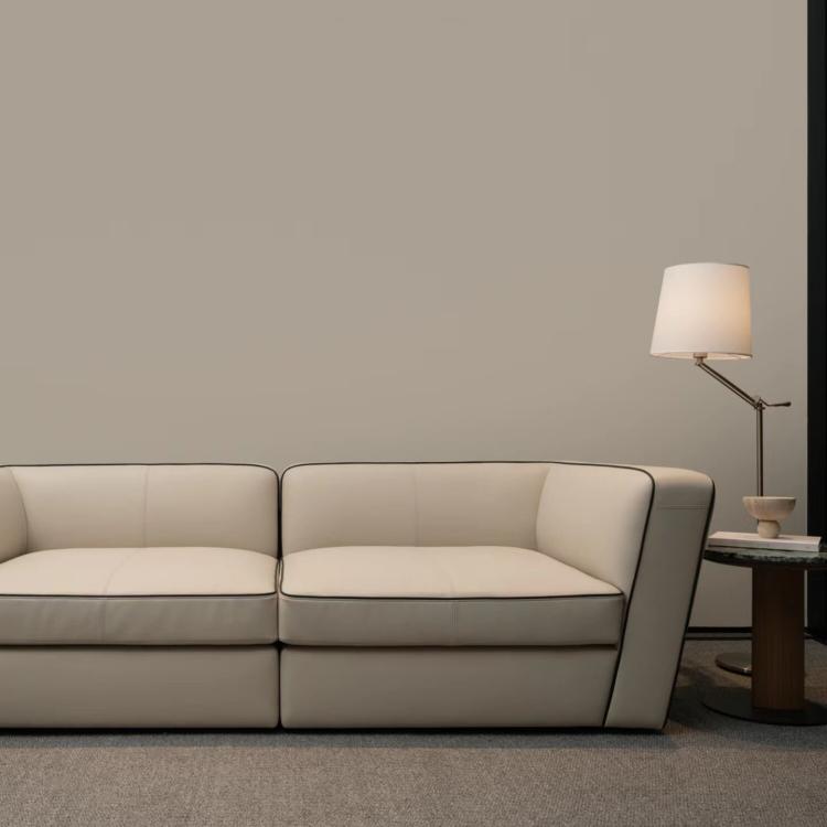 Minimalist Geometric Leather Sofa, French Cream Style with Black Accents, Straight-Line Couch for Large Spaces gjzw-0409-72