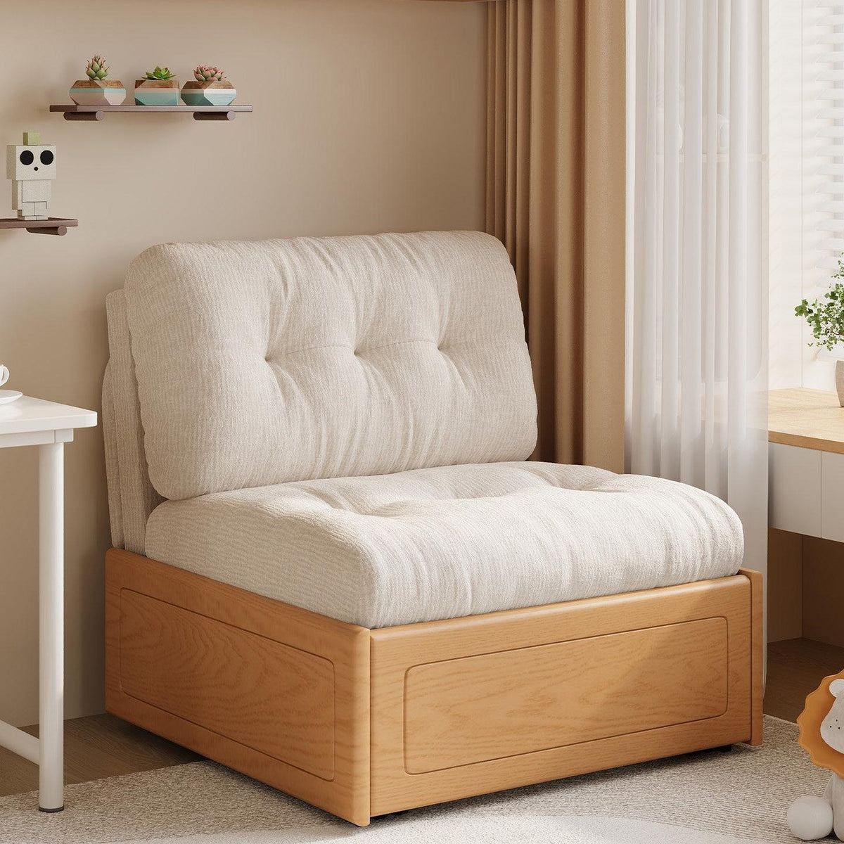Cream Style Solid Wood Chenille Fabric Sofa Bed, Extendable Fold-Out Sleeper Chair for Small Spaces gw-805