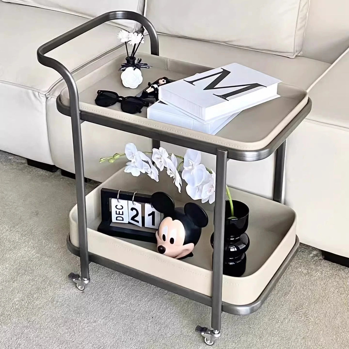 Stylish Synthetic Leather and Stainless Steel Tea Table with Wheels - Modern Home Decor للبيع hakt-5152