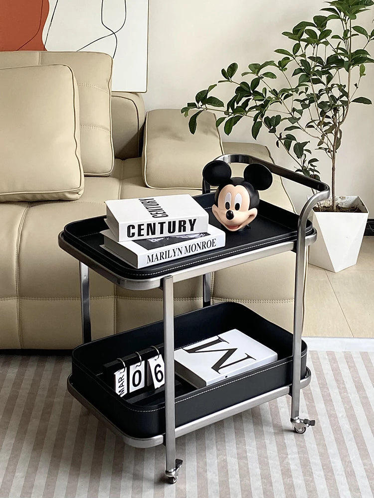 Stylish Synthetic Leather and Stainless Steel Tea Table with Wheels - Modern Home Decor للبيع hakt-5152