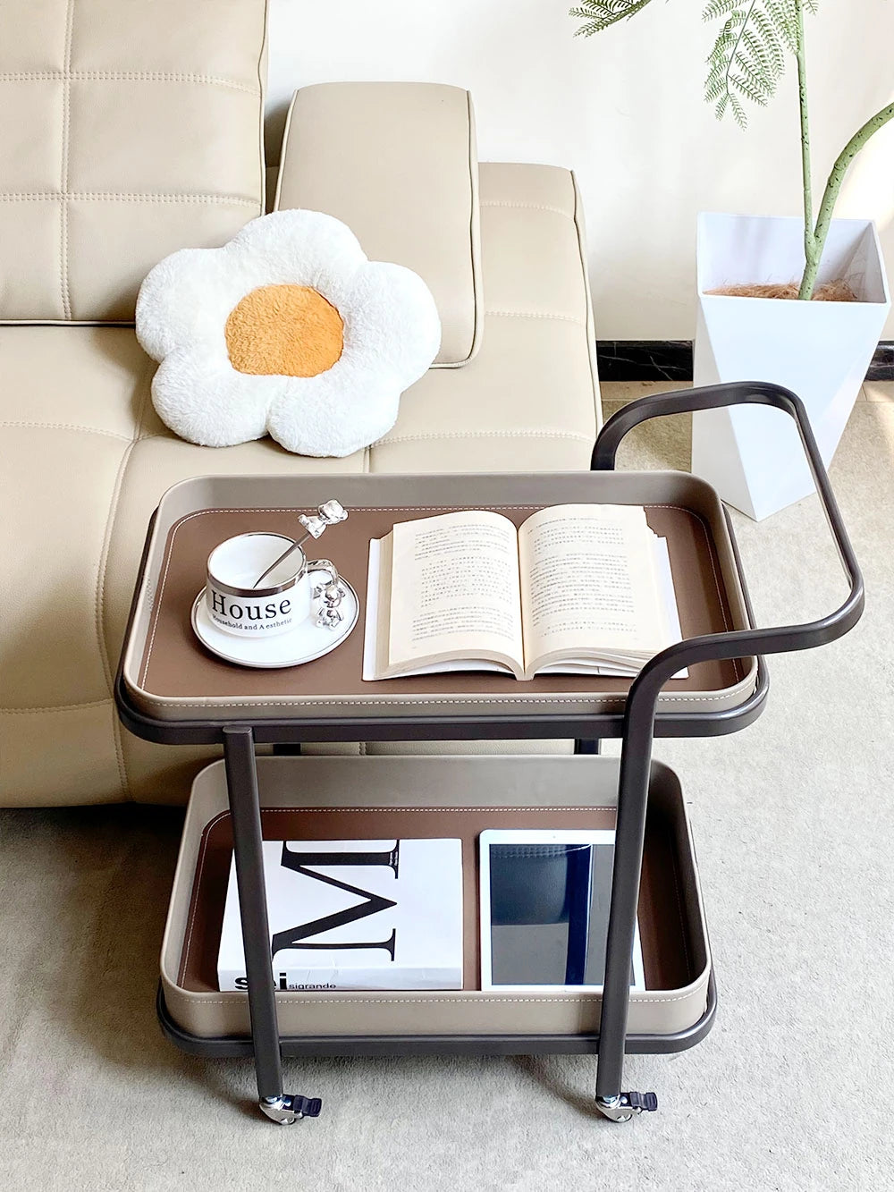 Stylish Synthetic Leather and Stainless Steel Tea Table with Wheels - Modern Home Decor للبيع hakt-5152