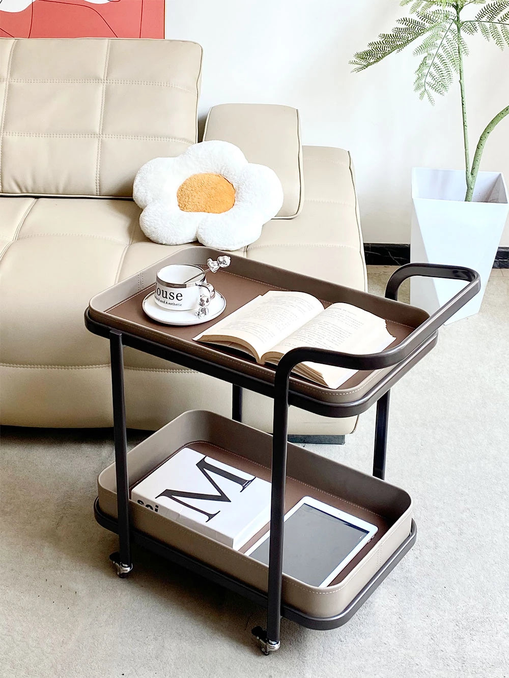 Stylish Synthetic Leather and Stainless Steel Tea Table with Wheels - Modern Home Decor للبيع hakt-5152