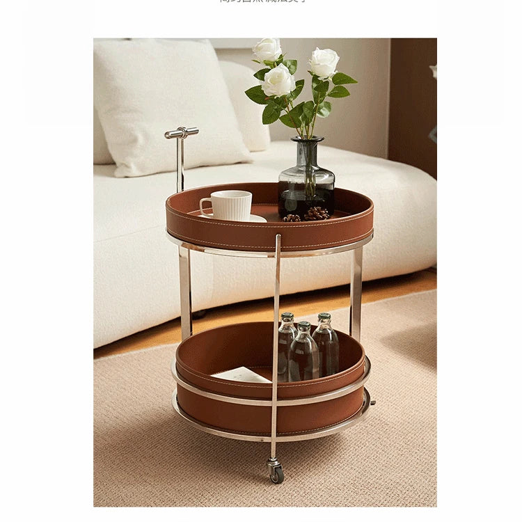 Stylish Synthetic Leather and Stainless Steel Tea Table with Dual Storage Shelves – Modern Home Decor Accent hakt-5153
