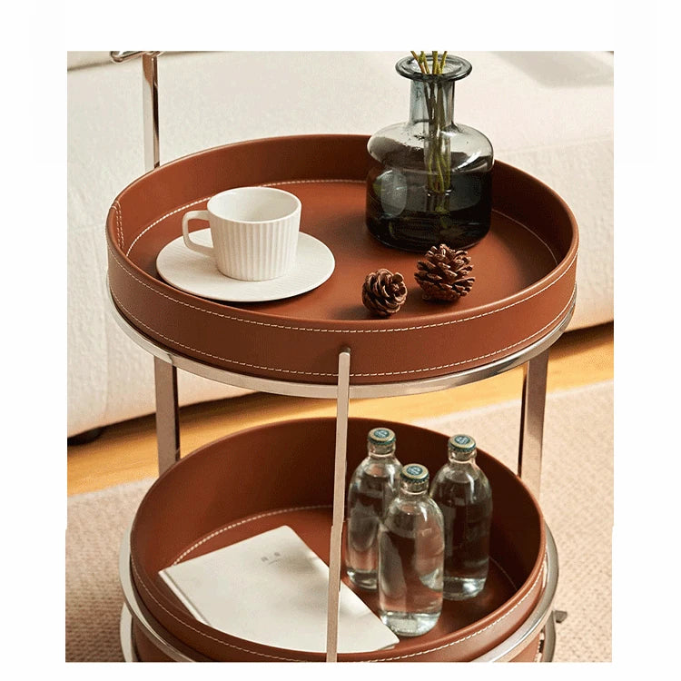 Stylish Synthetic Leather and Stainless Steel Tea Table with Dual Storage Shelves – Modern Home Decor Accent hakt-5153