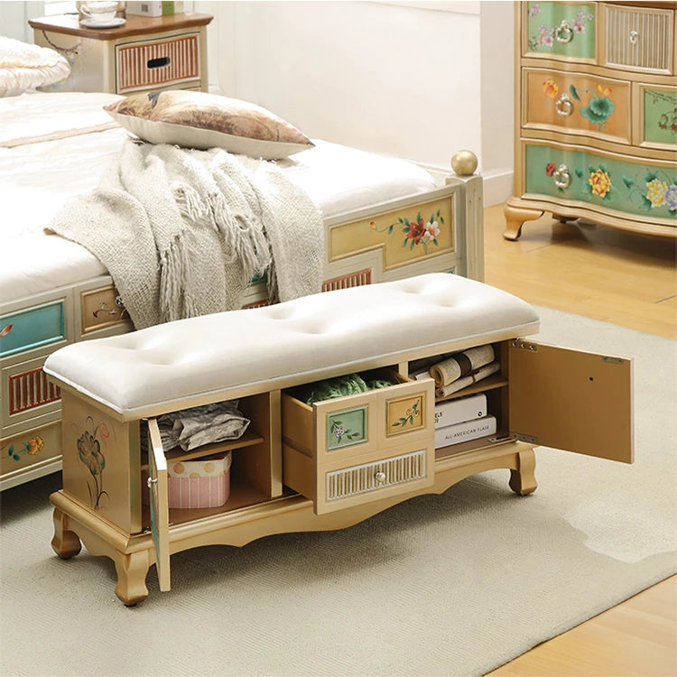 Elegant Oak Stool with Tufted Cushion – Stylish Storage Solution for Any Room halmh-5295