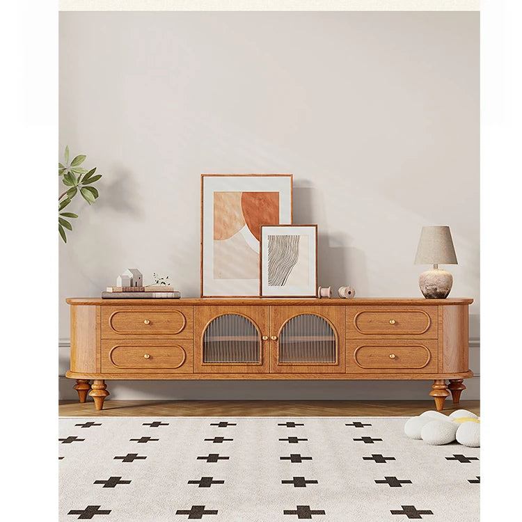 Elegant Solid Wood TV Stand with Glass Doors - Stylish Multi-Layer Storage Unit for Living Room Decor halmh-5301