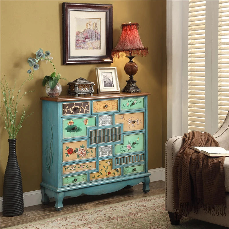 Stylish Oak Cabinet with Colorful Drawers for Living Room Storage Solutions halmh-5303