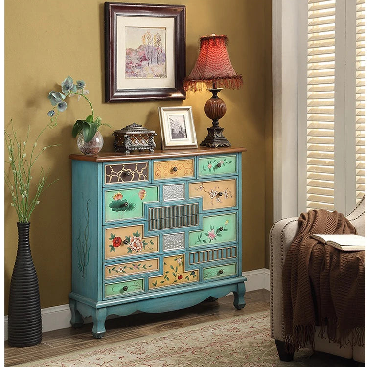 Stylish Oak Cabinet with Colorful Drawers for Living Room Storage Solutions halmh-5303