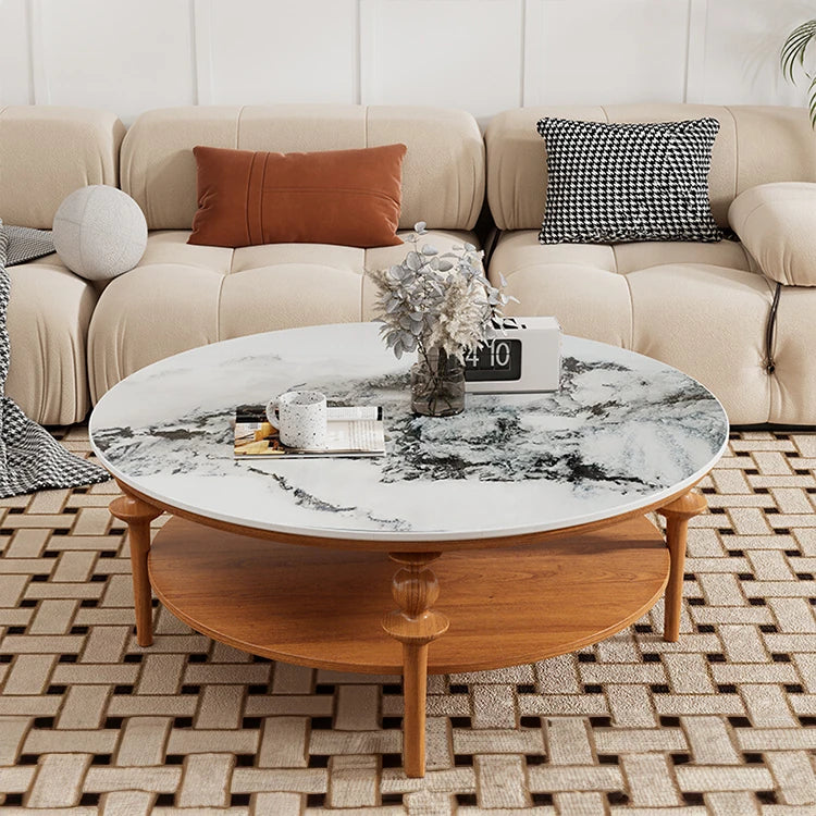 Stylish Solid Wood Coffee Table with Multi-Layer Board & Sintered Stone Top – Round Modern Centerpiece for Living Room halmh-5322