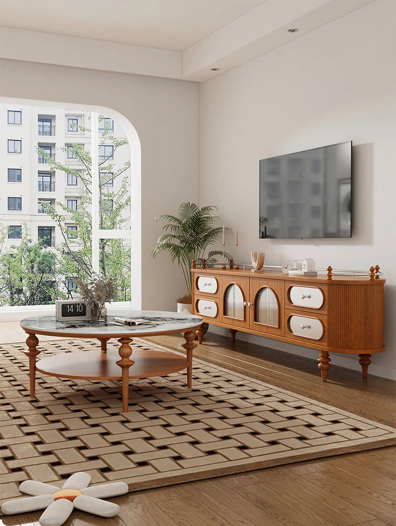 Stylish Solid Wood Coffee Table with Multi-Layer Board & Sintered Stone Top – Round Modern Centerpiece for Living Room halmh-5322