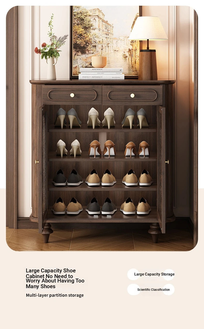 Elegant Black Walnut Shoe Cabinet with Glass Doors - Stylish Multi-Layer Storage Solution for Your Entryway halmh-5324