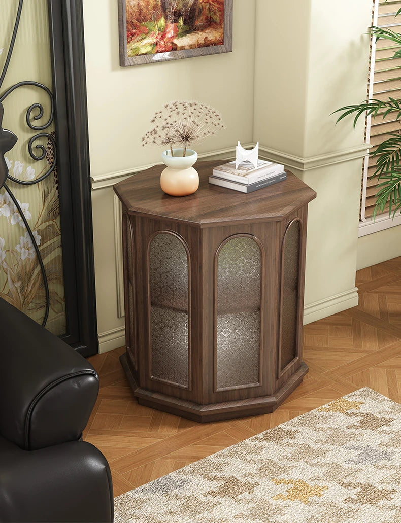 Stylish Black Walnut Wood Side Table with Glass Inserts - Modern Multi-Layer Design for Living Room & Bedroom halmh-5325