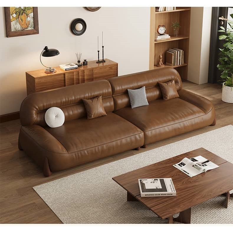 Stylish Sofa in Light Brown Faux Leather with Pine and Oak Wood Details – Comfort and Elegance Combined hatx-1018