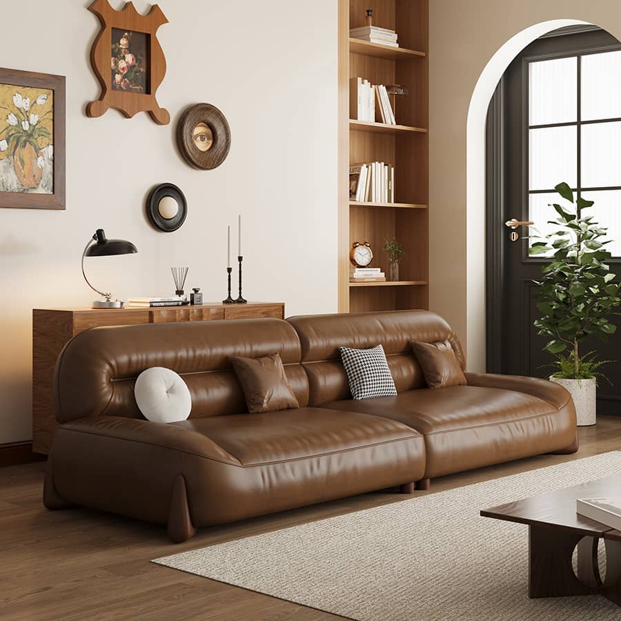 Stylish Sofa in Light Brown Faux Leather with Pine and Oak Wood Details – Comfort and Elegance Combined hatx-1018