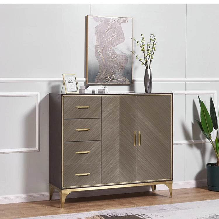 Stylish Stainless and Wood Cabinet with Gold Accents - Modern Storage Solution hbs-4424