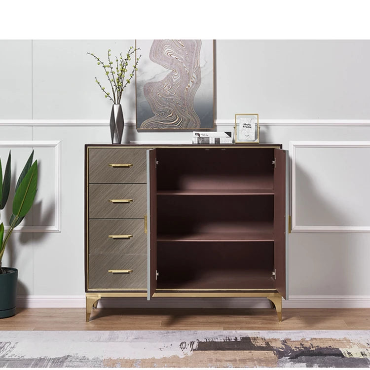 Stylish Stainless and Wood Cabinet with Gold Accents - Modern Storage Solution hbs-4424